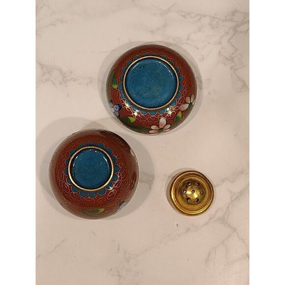 Cloisonné Open Salt Bowl Cellar Pepper Shaker Flower Enamel Brass Stacking PINK - Picture 3 of 10